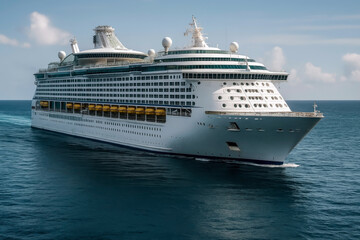 Luxurious White Cruise Ship Sailing Across Clear Blue Ocean During Bright And Peaceful Afternoon Light