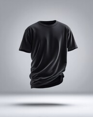 Floating black t-shirt set against a gray background, ideal for displaying unique designs or logos in a modern and minimalist style