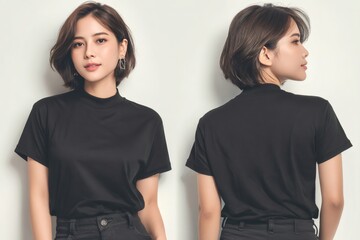Front and back view of a young asian woman wearing a plain black t-shirt and black pants