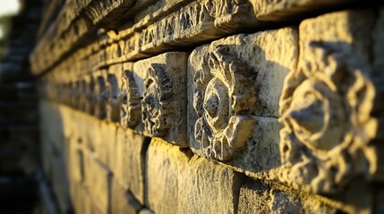 Ancient stone wall carvings, intricate details.  Sunlight highlights the relief sculptures