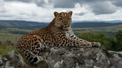 Majestic leopard resting atop a rocky outcrop, overlooking a landscape of rolling hills and lush greenery
