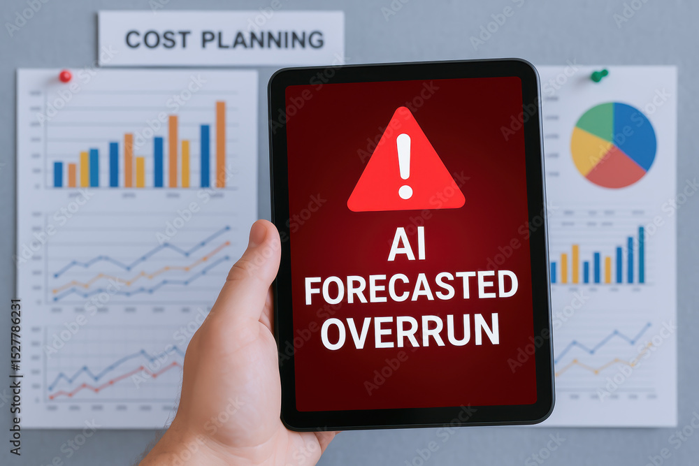 Aufkleber ai forecasted overrun alert on digital tablet in civil engineering construction cost planning with c