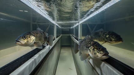 Fish in underwater aquaculture tanks