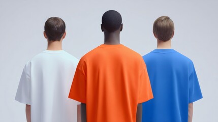 Three models are showing the back of their colorful t-shirts, orange, blue and white, standing together on a light gray background
