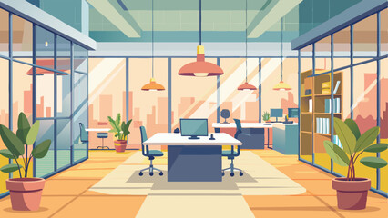 vector illustration of a modern, open-plan office interior, rendered in a clean and spacious style