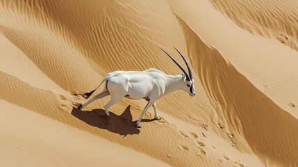 White antelope gracefully traversing sandy dunes