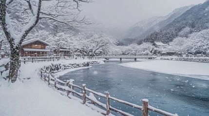 Fototapeta premium Snowy winter view of Kamikochi with frozen river and snow-laden trees under a soft gray sky, no people