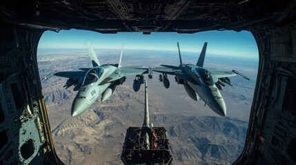 Two fighter jets in flight, seen from inside a larger aircraft, over a desert landscape