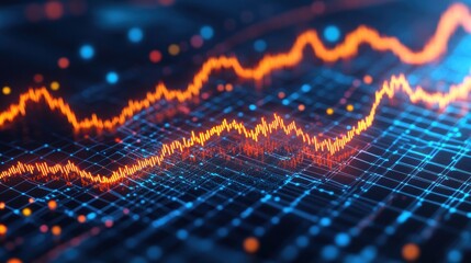 Dynamic financial data visualization.  Intricate network of interconnected data points forming a fluctuating graph.  Vibrant colors represent market trends