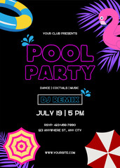 Summer party template poster. Pool party invitation. Flamingo, float, umbrella. Summer design vector illustration background, banner, flyer.