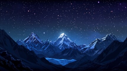 Starry night sky over Everest Base Camp with mountain silhouettes and faint glacial glow, no people