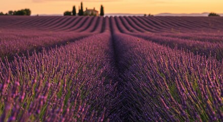 Serene field of blooming purple lavender at sunset, creating a tranquil and aromatic landscape scene