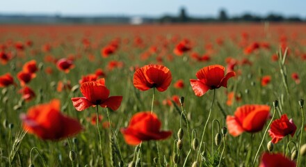 Fototapeta premium Vibrant field of red poppy flowers under a clear blue sky, symbolizing beauty, remembrance, and natural serenity