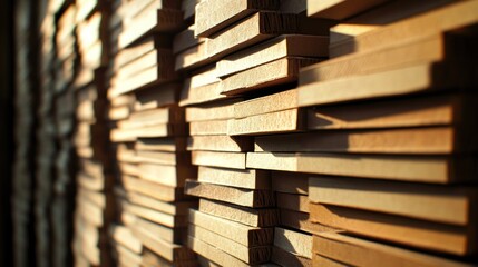 Stacked wooden planks in a warehouse