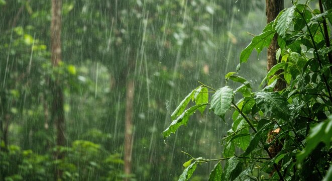 Lush green forest with heavy rain and water droplets on leaves, conveying freshness and natural beauty