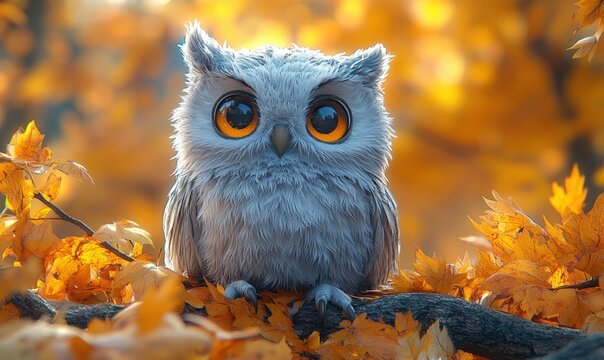 Adorable owl amidst autumn leaves