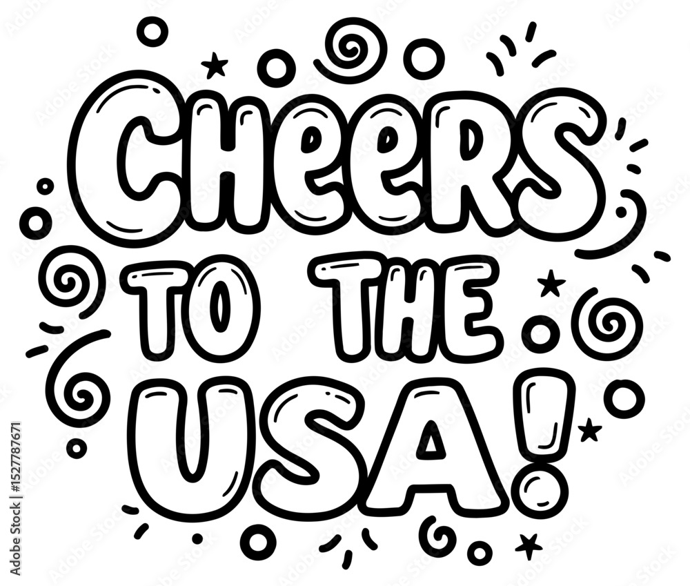 Poster cheers to the usa graphic design in a playful. outlined. bubble font with decorative elements. motiv