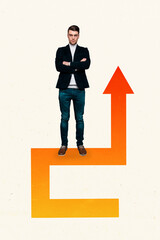 Vertical art 3d creative image collage of serious businessman stand arrow development concept pointer goal achievement success
