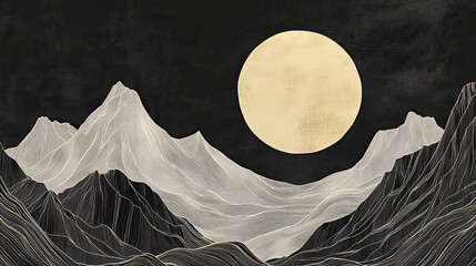 Abstract mountain landscape at night with a large moon