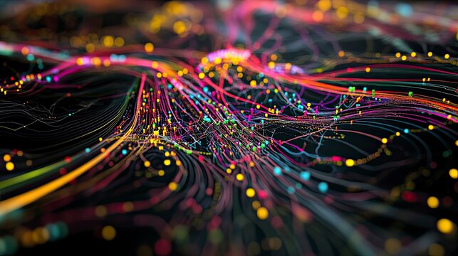 Abstract network of colorful lines and dots