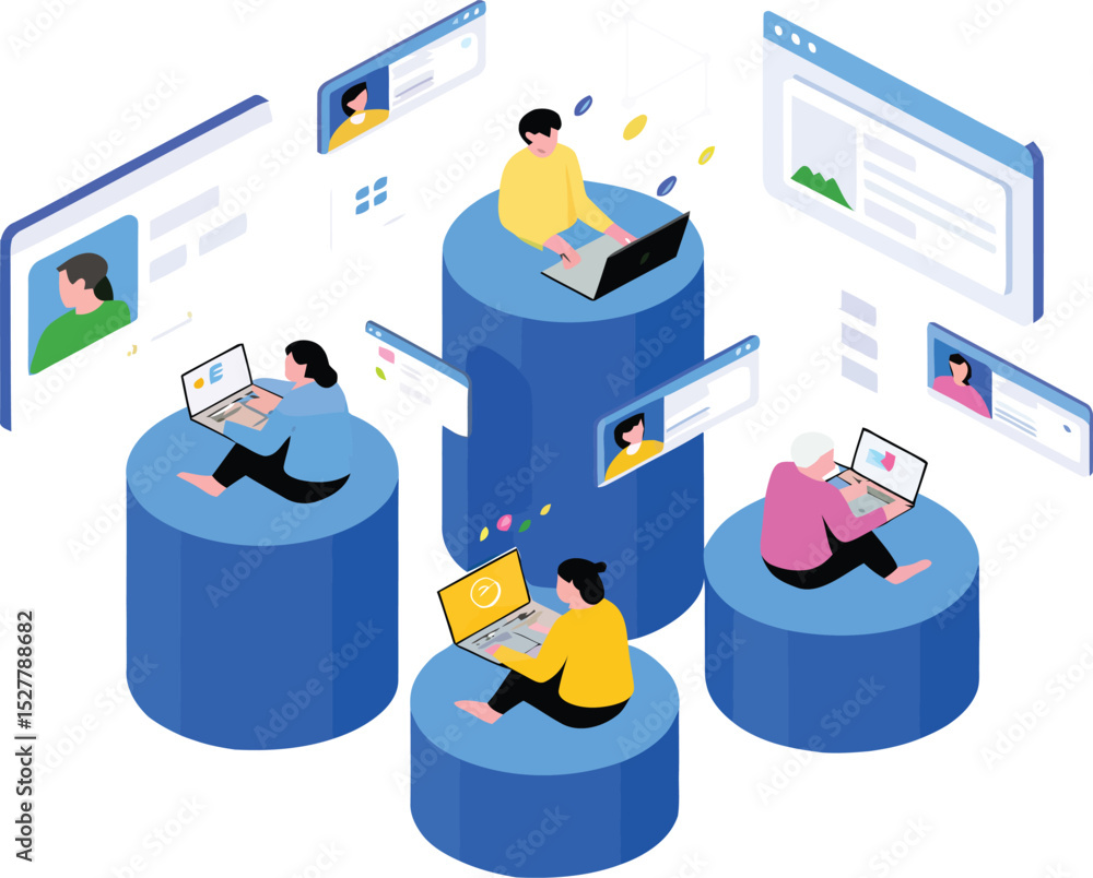Poster global teamwork collaboration network illustrates online workers using laptops connected through a d