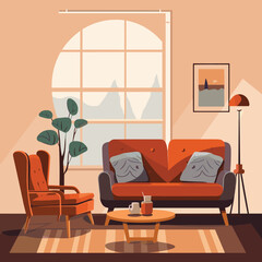 Fototapeta premium Vector Illustration of Warm and Cozy Living Room with Large Window, Red Sofa, and Armchair – Modern Interior Design Concept