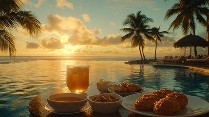 Obraz premium Tropical sunset poolside meal