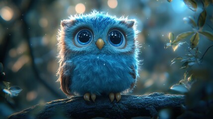Adorable, fluffy blue owl in a mystical forest