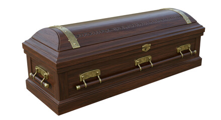 Isolated Wooden Coffin with Brass Fittings