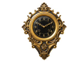 Antique gold ornate wall clock isolated on transparent background