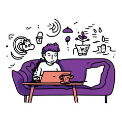 Creative Vector Illustration of Person Working on Laptop on Couch – Home Office and Imagination Concept