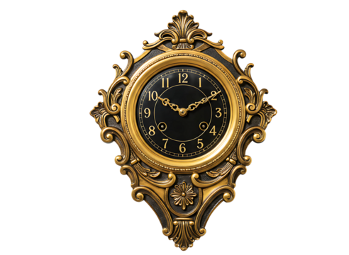 Antique gold ornate wall clock isolated on transparent background