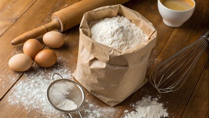 This inviting image features "baking essentials laid out on a wooden table: a bag of white flour, fresh eggs, a rolling pin, whisk