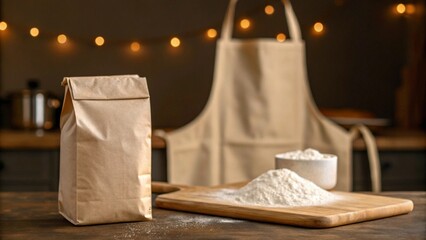 This inviting image features "baking ingredients artfully arranged on a rustic wooden surface: a tall paper bag of flour, a small bowl of flour