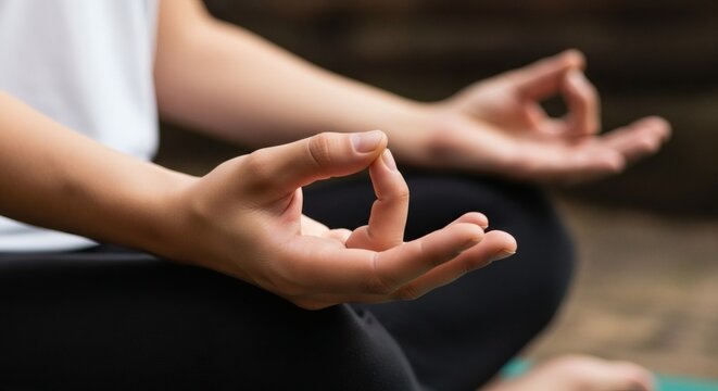 Woman meditating yoga pose mudra hand gesture wellness zen