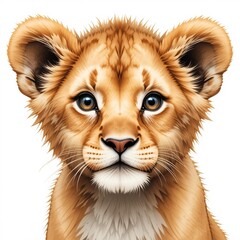 Cute lion cub with bright eyes and fluffy fur staring directly at the viewer in a captivating expression of curiosity and innocence