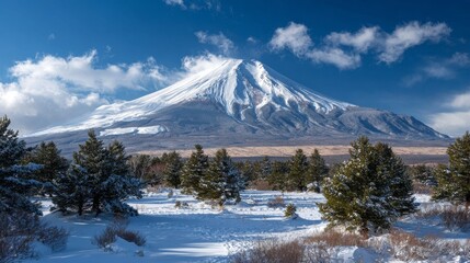 Thick snow covers Fuji&rsquo;s iconic peak, standing silent in the frozen landscape.