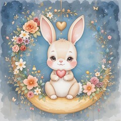 Cute bunny sitting on a moon surrounded by flowers, showcasing love and joy in a whimsical setting