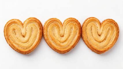 Fototapeta premium Three perfectly baked Palmiers, also known as palm biscuits or elephant ear cookies, are arranged in a horizontal line on a clean, minimalist white background
