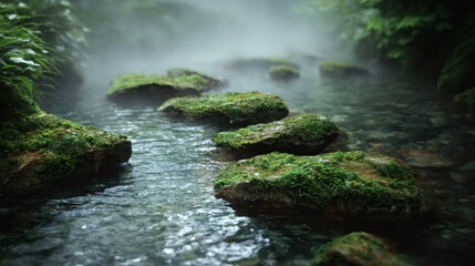 Clean water gently flowing between mossy rocks in a misty rainforest, creating a peaceful and natural atmosphere
