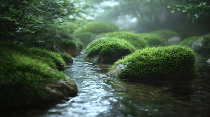 Crystal-clear water flows gently over moss-covered rocks in a serene forest setting, creating a tranquil atmosphere