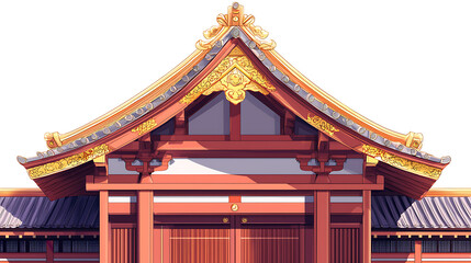 Fototapeta premium A vibrant pixel-art rendering of a traditional Japanese temple roof, featuring rich red and gold hues and intricate decorative elements.