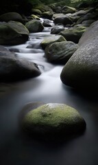 Smooth river water cascading over moss-covered rocks, revealing serene landscape through long exposure photography technique