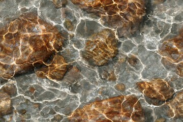 Clear stream water flows over smooth, brown rocks, creating a natural, textured pattern with sunlight reflections dancing on the surface