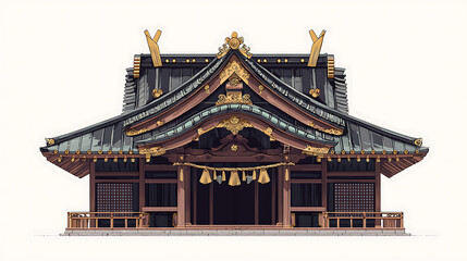 Fototapeta premium A pixel-art depiction of a traditional Japanese shrine, featuring a multi-tiered dark roof with gold accents and a simple, elegant structure.