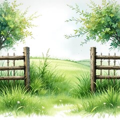 Serene rural landscape with a wooden fence and vibrant greenery under a bright sky