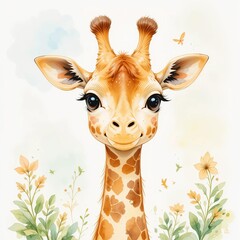 Giraffe with gentle expression surrounded by flowers and butterflies in a serene landscape setting