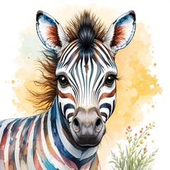 Colorful zebra with artistic stripes standing in a vibrant landscape surrounded by flowers