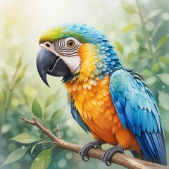 Colorful macaw perched on a branch surrounded by lush greenery in a vibrant tropical environment