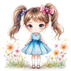 Cute young girl in a blue dress with pigtails and bows stands among colorful flowers in a joyful outdoor setting